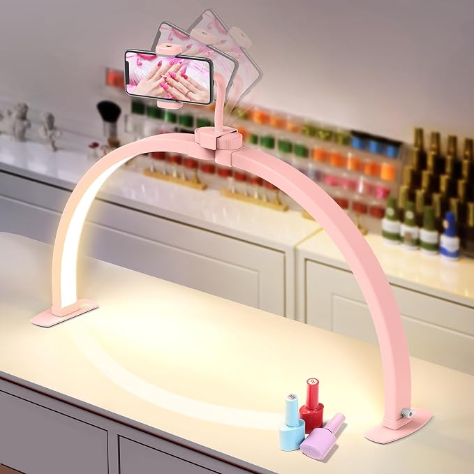 Yokilly Half Moon Light for Nail Desk: 29" Foldable Nail Light for Desk | Arch Nail Tech Light with Phone Holder for Beginner - 3 Color Modes & 10 Brightness for Manicure Salon-Pink by Yokilly