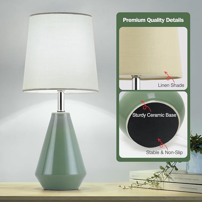 Small Bedside Table Lamp for Bedroom - Reading Desk Lamp with 3 Color Temperatures，15.5" Nightstand Ceramic Lamp with Fabric Shade for Kids Room,Living Room,Dorm,Home Office (Green) - Image 5