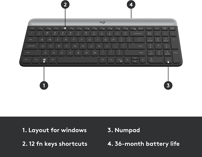 Logitech MK470 Slim Compact Wireless Keyboard and Mouse Combo - Graphite | Compact low-profile quiet keyboard with number pad, slim ambidextrous quiet mouse with 3 non-customizable buttons, Windows PC - Image 7