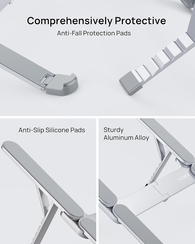 Ultra Compact Foldable Laptop Stand - Portable Laptop Holder for Desk & Travel Use, Ergonomic Aluminum Computer Holder with Adjustable Height for MacBook, Tablet 10-16" (Light Gray, Bi-Fold) - Image 5