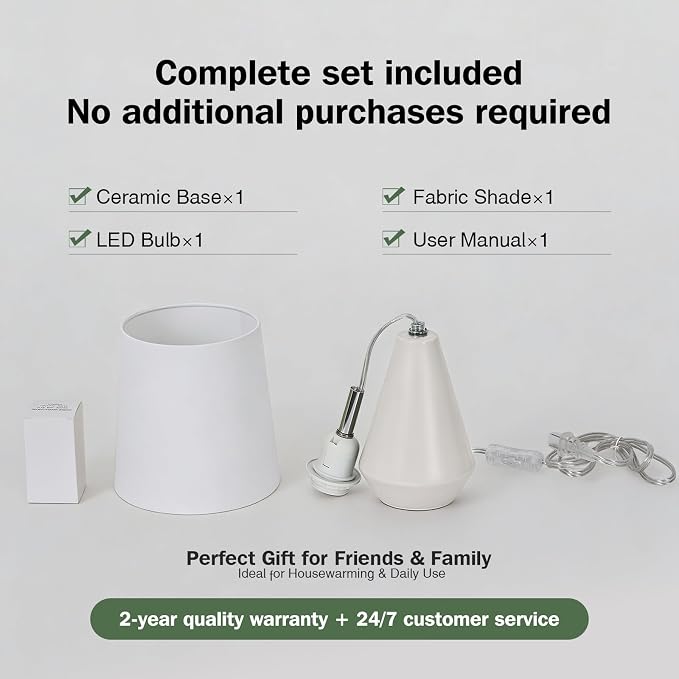 Small Bedside Table Lamp for Bedroom - Reading Desk Lamp with 3 Color Temperatures，15.5" Nightstand Ceramic Lamp with Fabric Shade for Kids Room,Living Room,Dorm,Home Office (White) - Image 7