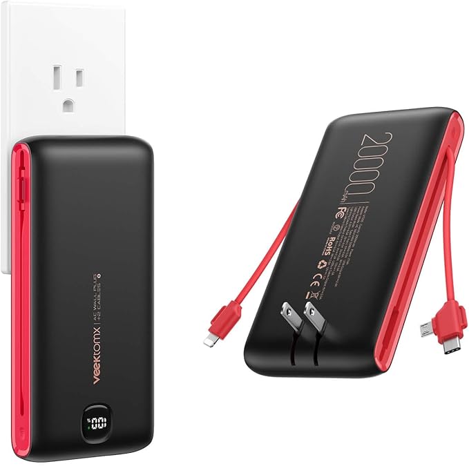 VEEKTOMX 10000mAh Portable Charger with Built-in Cables & Wall Plug | Fast Charging Slim USB-C Power Bank for iPhone, Samsung, iPad | 5 Outputs, Charges 4 Devices, ETL Certified, Black Red by VEEKTOMX