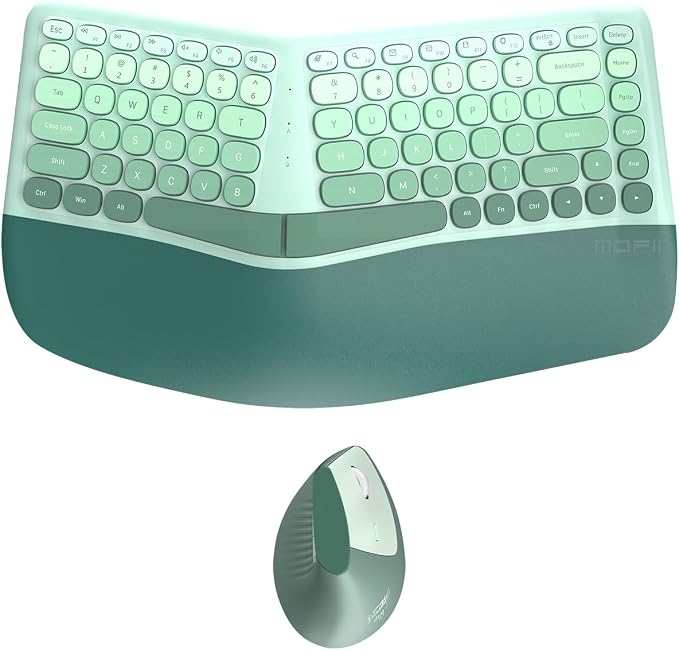 Wireless Keyboard and Mouse Combo, Ergonomic Design with Wrist Rest | 84-Key Membrane Keyboard Curved Split Keys, 6-Key Vertical Mouse, Cordless Set for Win/Mac, AAA Batteries Incl., Mint Green by TISHLED