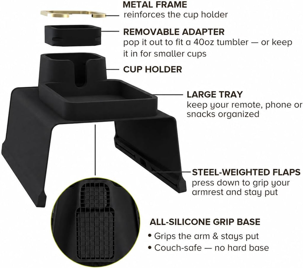 Couch Cup Holder Tray, Elimiko Silicone Anti-Spill and Anti-Slip Couch Drink Holder, Strong and Weighted Phone/Remote/Snacks Sofa Cup Holder (Black) - Image 9