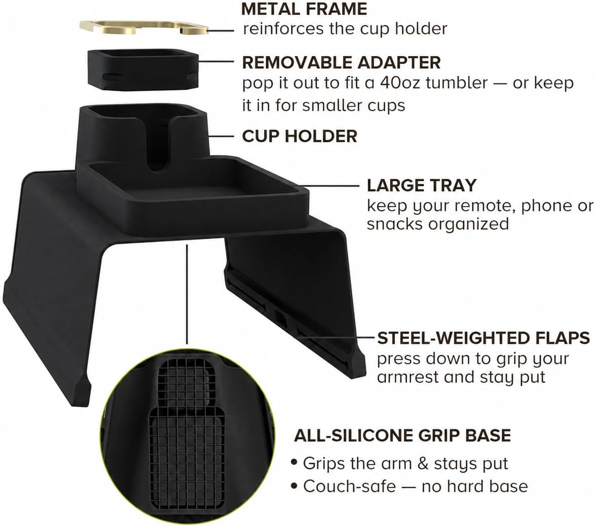 Couch Cup Holder Tray, Elimiko Silicone Anti-Spill and Anti-Slip Couch Drink Holder, Strong and Weighted Phone/Remote/Snacks Sofa Cup Holder (Black) - Image 9