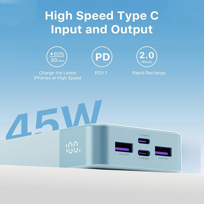 JUOVI Power Bank 45W 20000mAh Portable Charger USB C, PD QC Fast Charging 4-Port(2C+2A) External Battery Pack with LED Display, for iPhone 15 16 MacBook ipad | PD QC Fast Charging with 4 USB Ports(2C 2A), LED Display External Battery Pack for iPad Tabl... - Image 4