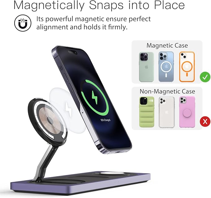 Mag-Safe Charger Stand, 3-in-1 Magnetic Wireless Charging Station for Apple Devices, iPhone 15/14/13/12 Series, Apple Watch, AirPods Pro (Purple) | For iPhone 17/Air/16/15/14/13/12, AirPods & Apple Watch, Foldable Portable Aluminum Charging Stand, Adap... - Image 2