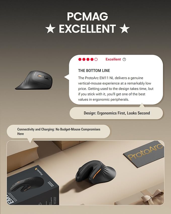ProtoArc EM11 NL Wireless Ergonomic Vertical Mouse, Rechargeable, Black | 58° vertical design supports a natural wrist posture, connect 3 devices via Bluetooth/2.4G USB-A, 500mAh USB-C rechargeable. - Image 9