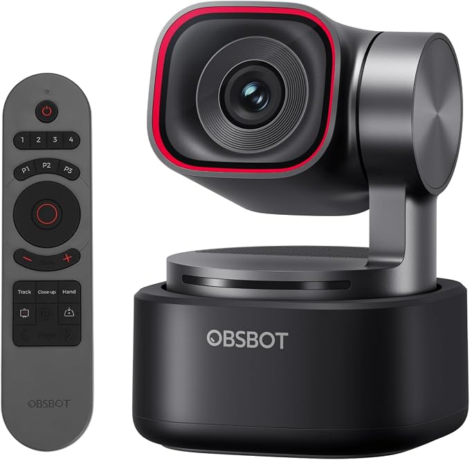 OBSBOT Tiny 3 4K PTZ Webcam 1/1.28" CMOS, W Smart Remote 2 | 50MP HDR 4K@30fps 1080p@120fps Spatial Audio Tri-Mic Voice/Gesture Control AI Tracking 2.0 Streaming, Meeting, Gaming by OBSBOT