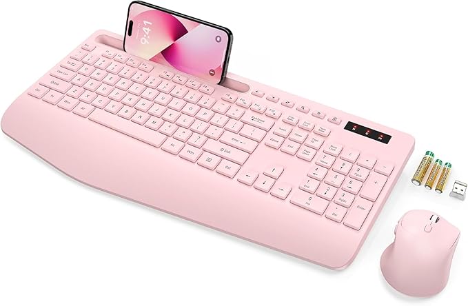 Wireless Keyboard and Mouse Combo, Full Size, Ergonomic Wrist Rest | 2.4G Lag-Free, 3-Level DPI, Phone Holder, Silent Typing, KM23D Batteries Powered Set for PC, Laptop, Windows, macOS (Pink) by SABLUTE