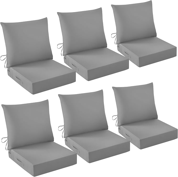 Outdoor Chair Cushions, 24 x 24 Inch Outdoor Cushion for Patio Furniture, Patio Chair Cushion, Waterproof & Fade Resistant Deep Patio Furniture Cushions Set with Handle and Ties, Grey (Set of 6) by IASEAHK