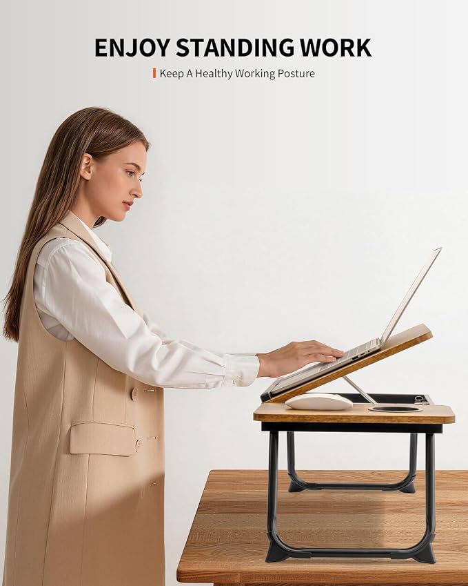 FISYOD Foldable Laptop Desk for Bed Couch, Adjustable Split Lap Desk with Cup Holder, Portable Lightweight Bed Table Tray, Heavy-Duty Laptop Stand for Working, Writing, Reading and Eating - Brown - Image 6