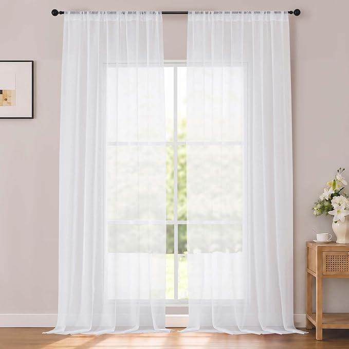 White Sheer Curtains 120 Inches Extra Long 52" Width 2 Panels | Elegant Airy Sheer Curtain for Living Room Bedroom, Light Filtering, Window Treatments, Wedding Party Decoration, 2pcs by OWENIE