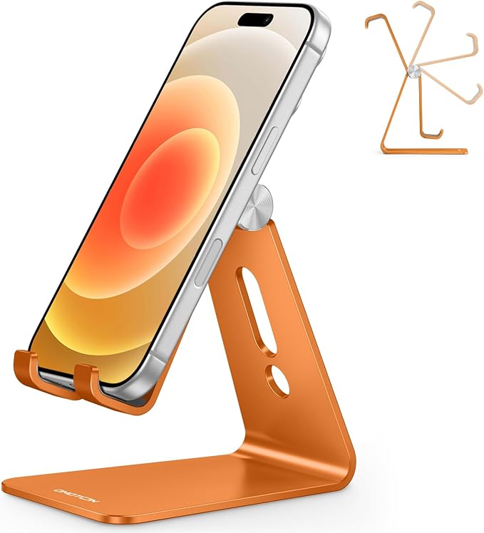 OMOTON Adjustable Cell Phone Stand, Aluminum Desktop Cellphone Stand with Anti-Slip Base and Convenient Charging Port, Fits All Smart Phones, Orange | Sturdy 3mm Aluminum, Charging Port, 270° Adjustable, Non-Slip Silicone Pads, Works with Thick Cases, ... by OMOTON