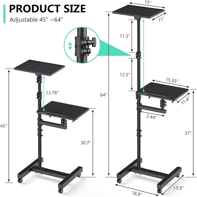 Projector Stand Tripod: 2 Shelves Mobile Laptop Cart Adjustable Height 45 to 64 Inches, Rolling Laptop Stand Cart with Ventilated Tray, Projector Tripod Stand on Wheels for Couch, Bedside, Meeting - Image 5