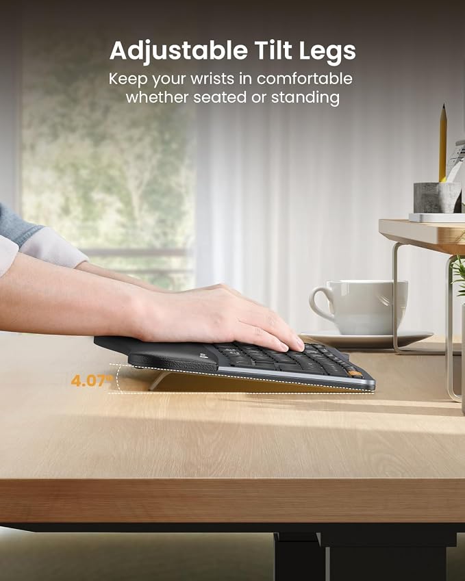 ProtoArc EK01 Plus Backlit Bluetooth Ergonomic Keyboard, Full Size, Grey | Adjustable brightness, split design, cushioned wrist rest, connect 3 devices via Bluetooth/2.4G, 2000mAh USB-C rechargeable. - Image 7