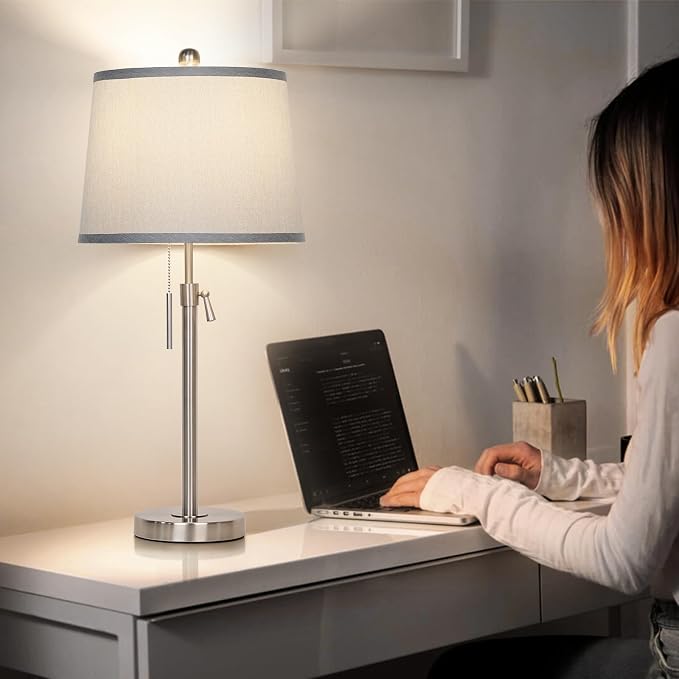 JUNNAI Table Lamps Set of 2, Bedside Lamp Silver Tall Table Lamps for Living Room End Tables, 22" to 30" Adjustable Height Lamp for Bedroom Nightstand Farmhouse with Pull Chain(Bulbs Included) - Image 7