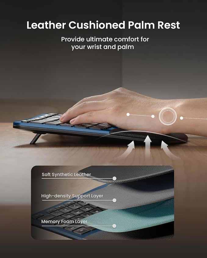 ProtoArc EKM01 Plus Wireless Ergonomic Keyboard Mouse Combo - Blue | Full-size Split Keyboard with Cushioned Wrist Rest, Ergonomic Mouse, 3-Device Bluetooth/2.4G, USB-C Rechargeable - Image 3