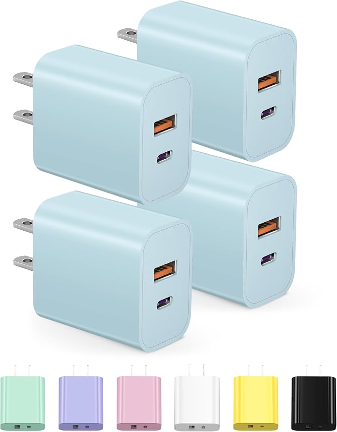 [4 Pack] USB C Charger Block Charging Block Type C Charger | 20W Wall Chargers for iPhone Air/17/17 Plus/17 Pro/17 Pro Max/16/16 Plus/16 Pro/16 Pro Max/15/15 Pro/15 Max/14/Samsung(Blue) by STAKCYE