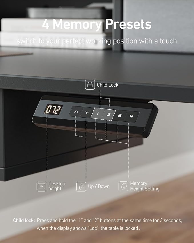 CubiCubi 60" x 30" Standing Electric Desk with Drawers, Black | Height Adjustable Workstation, Computer Sit Stand Up Office Table with Large Storage Shelf, 4 Drawers and 2 Hooks - Image 8