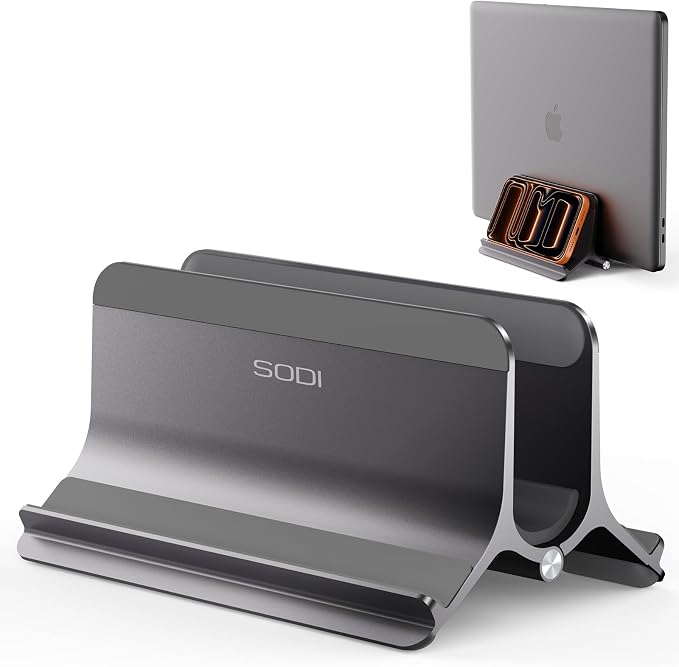 Vertical Laptop Stand for Desk, Aluminum Laptop Holder Compatible with MacBook Pro, MacBook Air Stand Up to 17 inch, Gravity Auto-Lock Cooling, 3in1 Space Saving Desk Organizer Accessories, Gray by SODI
