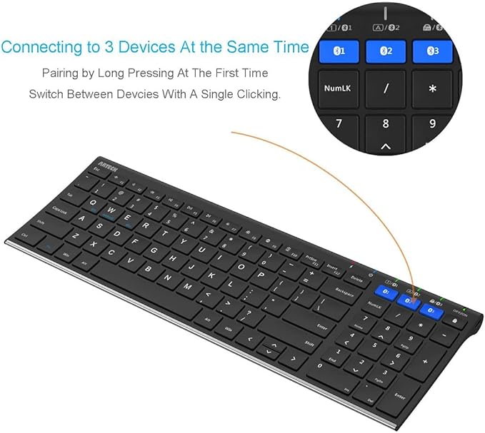 Arteck HB193 Universal Bluetooth Keyboard Multi-Device Stainless Steel Full Size Wireless Keyboard for Windows, iOS, Android, Computer Desktop Laptop Surface Tablet Smartphone Rechargeable Battery - Image 2