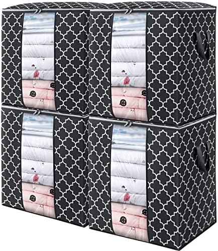 Storage Bags 4 Pack 100L Clothes Organization and Storage Containers | Large Blanket for Comforters,Bedding, Foldable Organizer with Reinforced Handle, Clear Window, Sturdy Zippers, Black by WiseLife