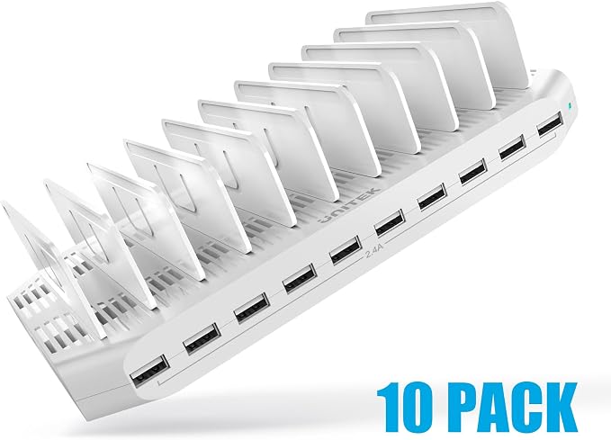 【10PCS】 Unitek 10-Port Charging Station, Fast Charger Dock for Multi-Device | Multi Charging Dock Smart IC Tech Adjustable Dividers USB Type A Fast Charging Stand for iPad, Tablet, Kindle, iPhone, Family - Image 2