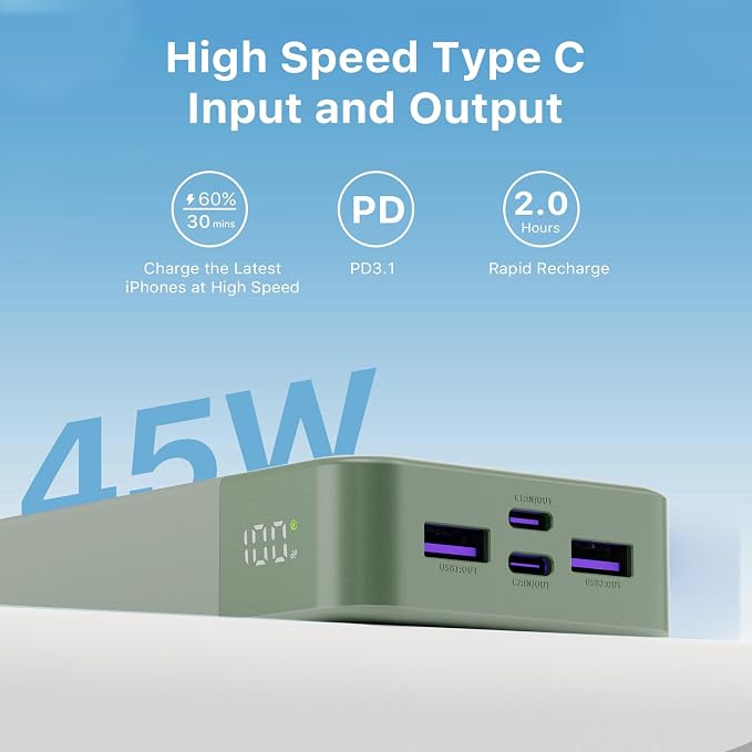 JUOVI Power Bank 45W 20000mAh Portable Charger USB C, PD QC Fast Charging 4-Port(2C+2A) External Battery Pack with LED Display, for iPhone 15 16 MacBook ipad | PD QC Fast Charging with 4 USB Ports(2C 2A), LED Display External Battery Pack for iPad Tabl... - Image 4