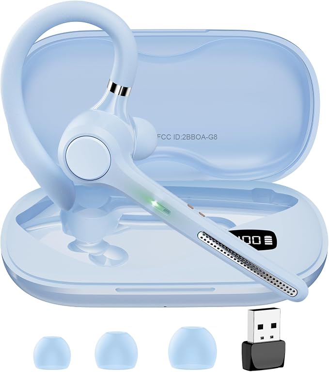 Ngsod Bluetooth Headset V5.4,USB Dongle Wireless Earpiece with Mic for Work | 500mAh Charging Case,50H Talk Time,Dual connect & Mute,ENC Noise Cancelling Lightest Headphones for Work Trucker,Light Blue by Ngsod