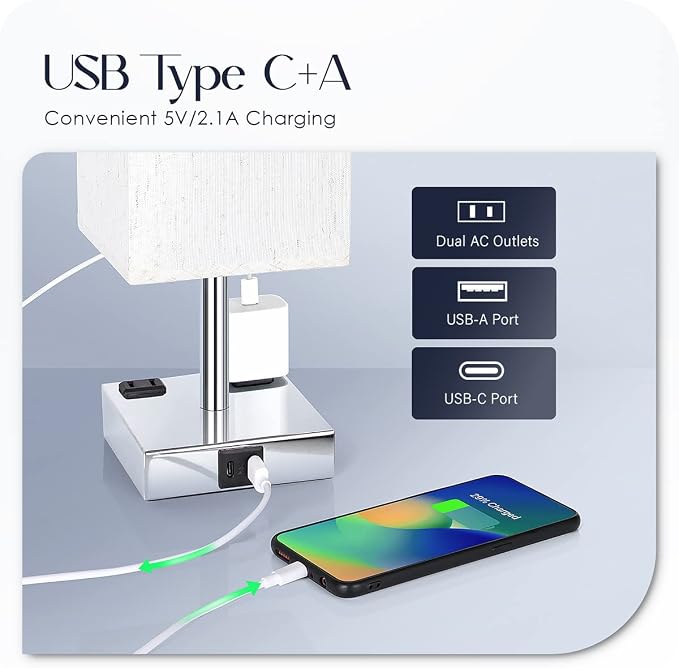 Bedside Lamp with USB Ports - Touch Control Table Lamp for Bedroom with USB C+A Charging Ports & AC Outlets, 3 Way Dimmable Nightstand Light for Living Room (LED Bulb Included, Chrome - Flaxen) - Image 3