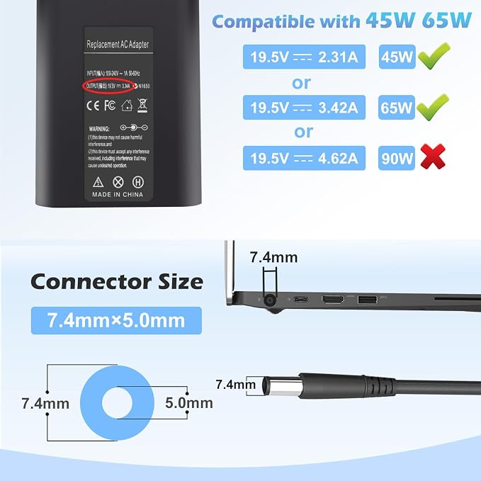 65W LA65NS2-01 Laptop Charger Adapter Compatible with Dell Latitude 5400 5500 5480 5490 5580 5590 7400 7480 7490 7390 7290 7280 3440 E5400 E5420 E5450 E5470 E5480 E5570 E6420 E6430 E6540 E7470 E7480 - Image 3