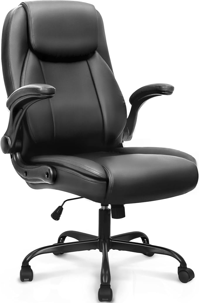 NEO CHAIR Office Desk Chair, High Back PU Leather with Flip-up Arms, Black | Ergonomic Tall Computer Desk Chair Comfy, Height Adjustable, Swivel Rolling Wheels for Office Home Gaming Study by NEOCHAIR