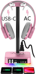 KAFRI RGB Headphone Stand with USB Charger Desk Gaming Headset Holder Hanger Rack with 3 USB Charging Port and 2 Outlet - Suitable for Gamer Desktop Table Game Earphone Accessories Girlfriend Gift by KAFRI