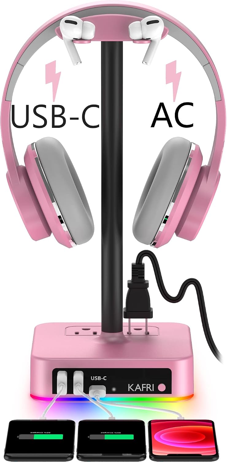 KAFRI RGB Headphone Stand with USB Charger Desk Gaming Headset Holder Hanger Rack with 3 USB Charging Port and 2 Outlet - Suitable for Gamer Desktop Table Game Earphone Accessories Girlfriend Gift by KAFRI