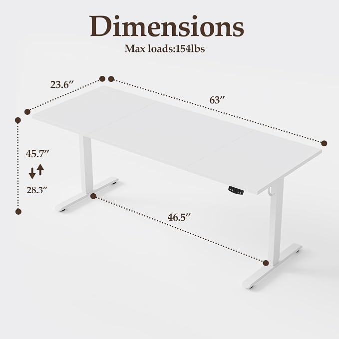 Klicelor 63 Inch Large Electric Standing Desk, Height Adjustable Office Desk, Sit Stand Up Computer Gaming Desk with Memory Preset, Three-Piece Desktop, White - Image 3