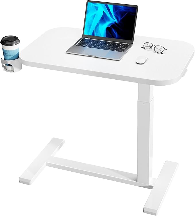 HUANUO 32Inch Bedside Table with Wheels, Height-Adjustable Rolling Computer Cart, Overbed Table with Cup Holder, Pneumatic Laptop Standing Desk for Home Office, White by HUANUO
