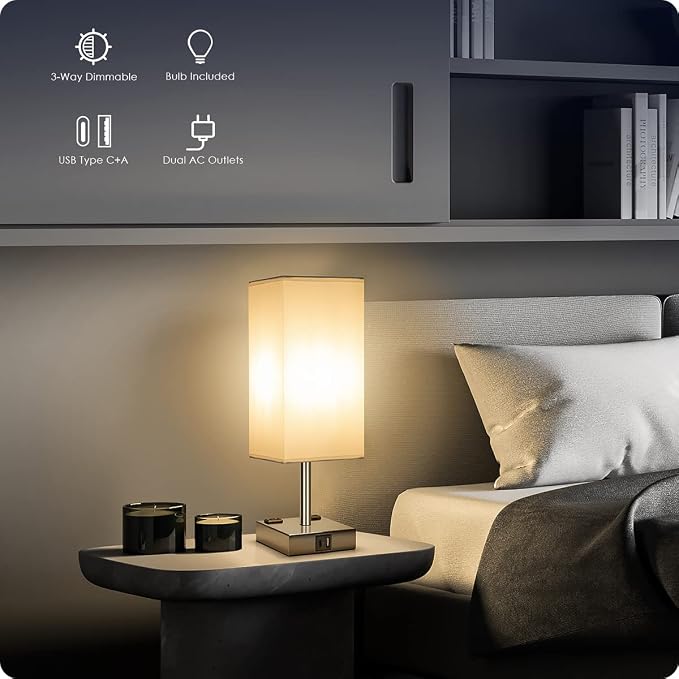 Bedside Lamp with USB Ports - Touch Control Table Lamp for Bedroom with USB C+A Charging Ports & AC Outlets, 3 Way Dimmable Nightstand Light for Living Room (LED Bulb Included, Chrome - White) - Image 2