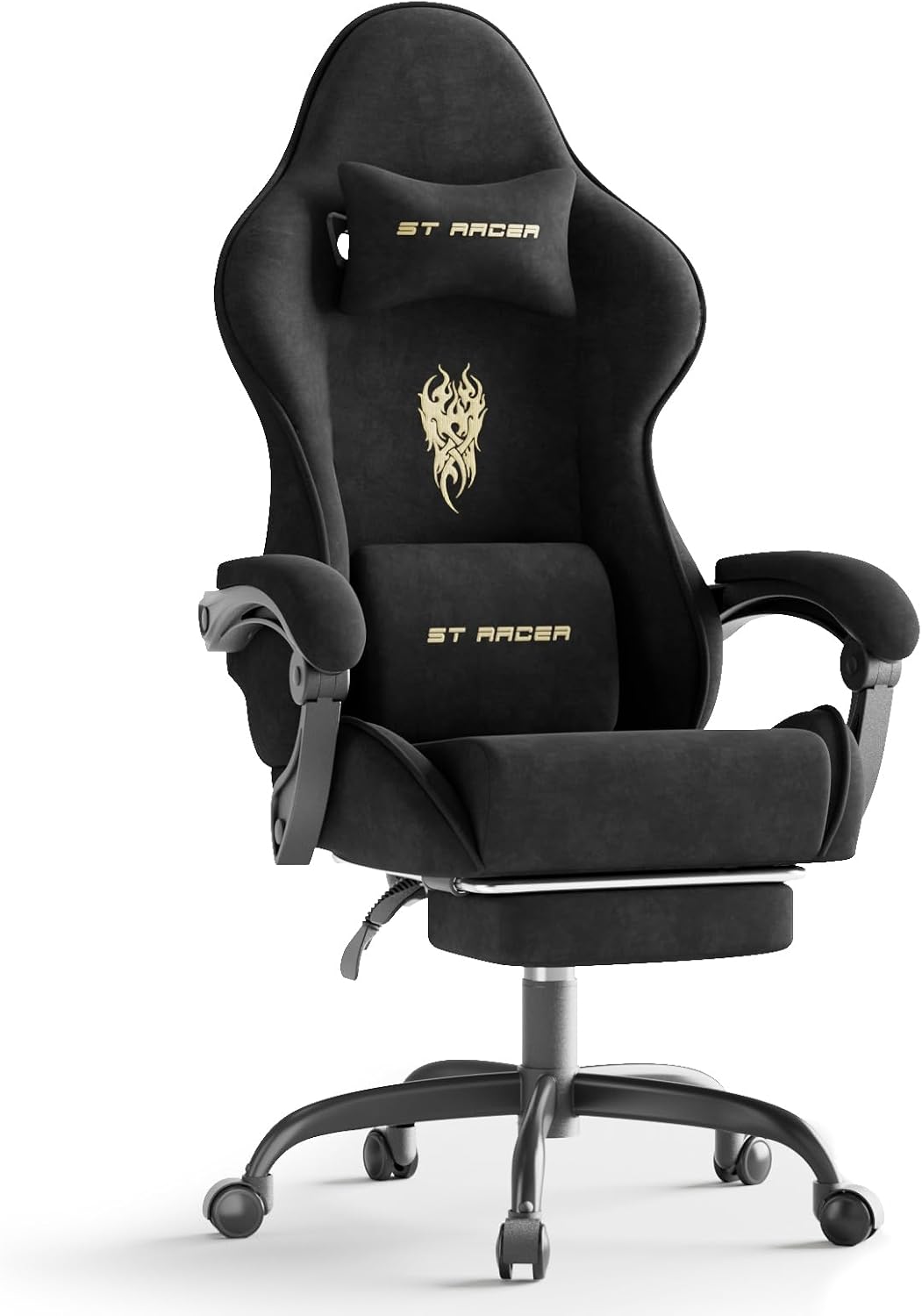 Velvet Fabric Gaming Chair, High Back Ergonomic Gamer Chair for Adult, Comfortable Video Game Chair with Footrest and Massage Lumbar Cushion, Racing Reclining Office Computer Desk Chair Black by Ferghana