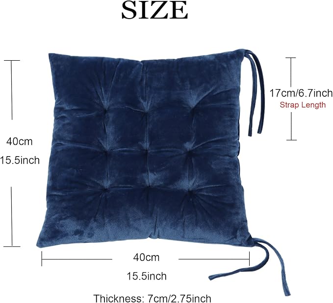 Set of 4 Square Chair Pads Indoor Seat Cushions Pillows with Ties Soft Comfortable Non Slip Chair Mat for Kitchen Dining Office Desk Living Room Outdoor Tatami 15.5" - Blue - Image 2