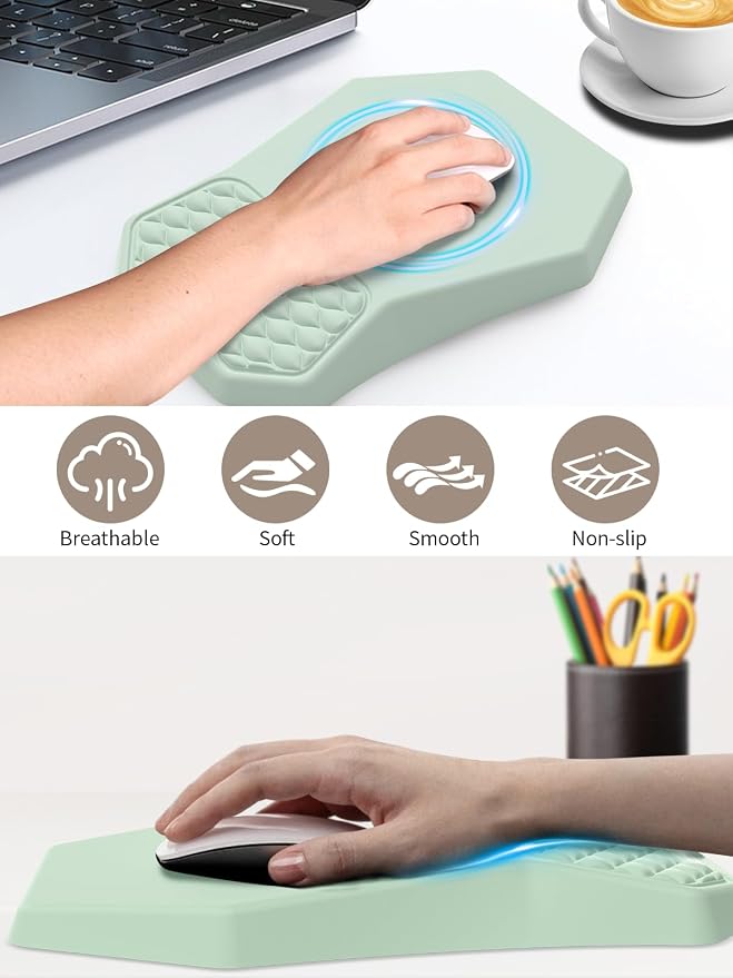 3-in-1 Ergonomic Keyboard Stand with Wrist Rest & Mouse Pad Set,Light Green | Comfy Keyboard Riser Holder Soft Mousepad with Massage Design, Memory Foam and Non-Slip PU Base for Pain Relief - Image 6