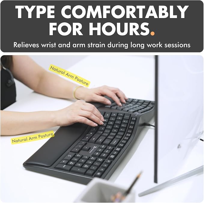 X9 Wired Ergonomic Keyboard with Cushioned Wrist Rest - Type Comfortably Longer - USB Wired Split Keyboard for Laptop, PC & Chrome Computer with 110 Ergo Keys & 5ft Cable - Image 2