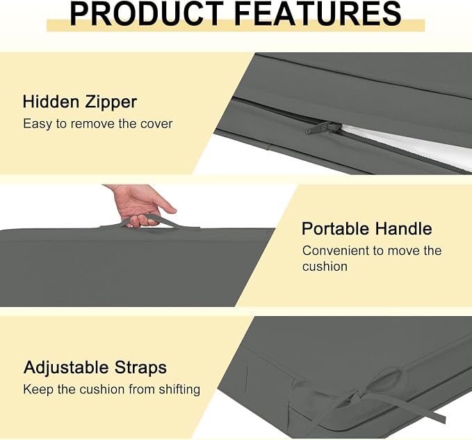 downluxe Waterproof Outdoor Chair Cushions for Patio Furniture, 24" x 24" x 4" Patio Chair Cushion with Non-Slip Ties & Portable Handle, Square Outdoor Cushion with Removable Cover, Dark Grey, 2 Pack - Image 5