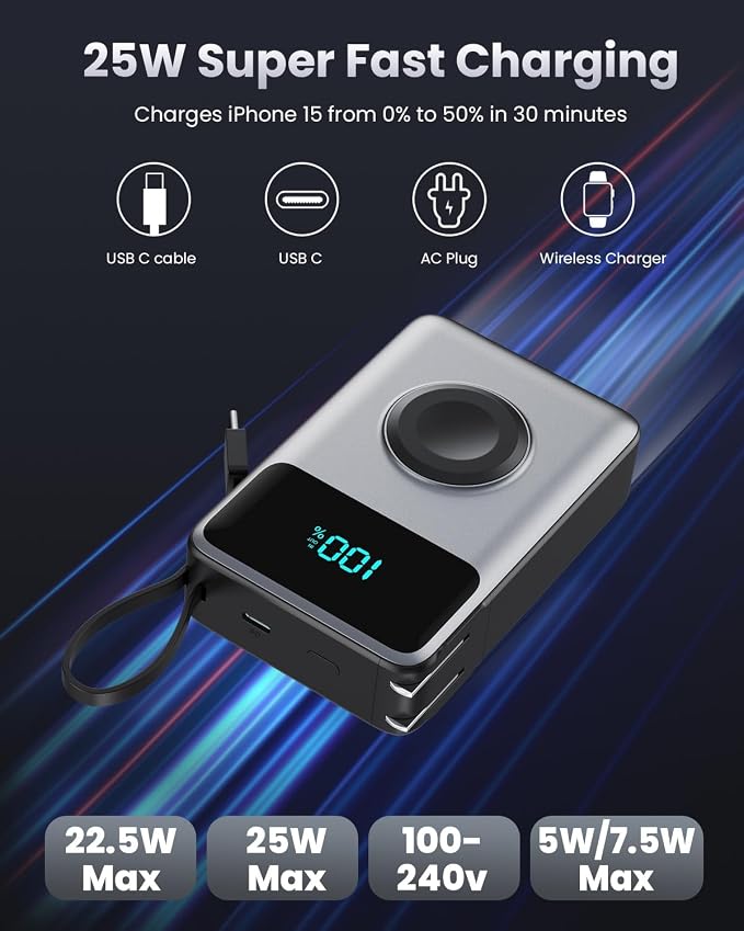 4-in-1 Portable Charger With Built-in Wall Plug&USB-C Cables,10800mAh Power Bank with iWatch Charger,QC4.0+PD 25W Fast Charging Battery Pack,Travel Essentials for iPhone 17/16,Apple Watch,Android etc - Image 2