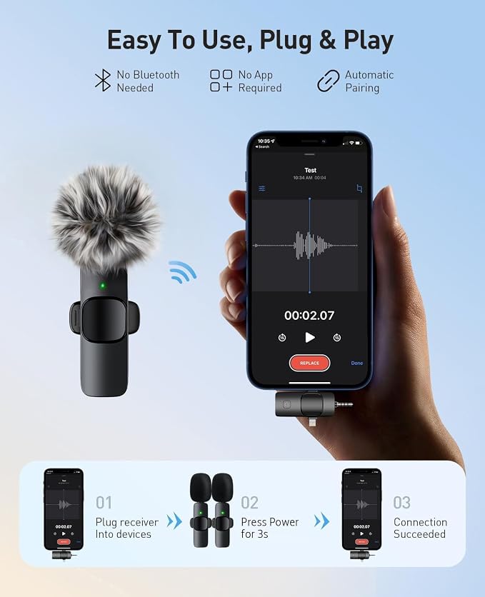 MENERESAS 3-in-1 Mini Microphone for iPhone: Wireless Lavalier Microphones for iOS/Android/Camera - Noise Reduction Lapel Mic, Clip on Mic for Video Recording Vlog, YouTube - Image 2