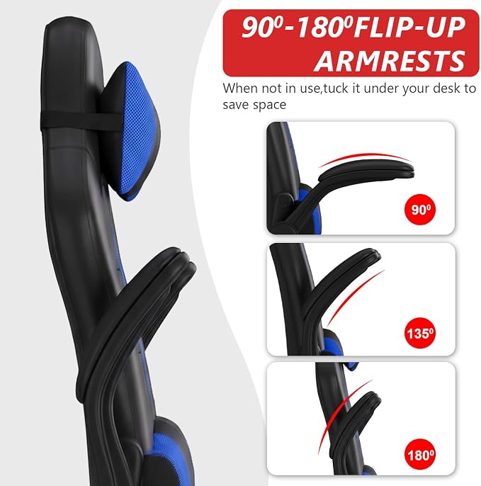 BestOffice | Gaming Chair | Blue | PU Leather | with Lumbar Support | Ergonomic Racing Style Desk Chair with Recline, Padded Armrests, Headrest, Swivel & Caster Wheels | for Gamers, Home, Office - Image 5