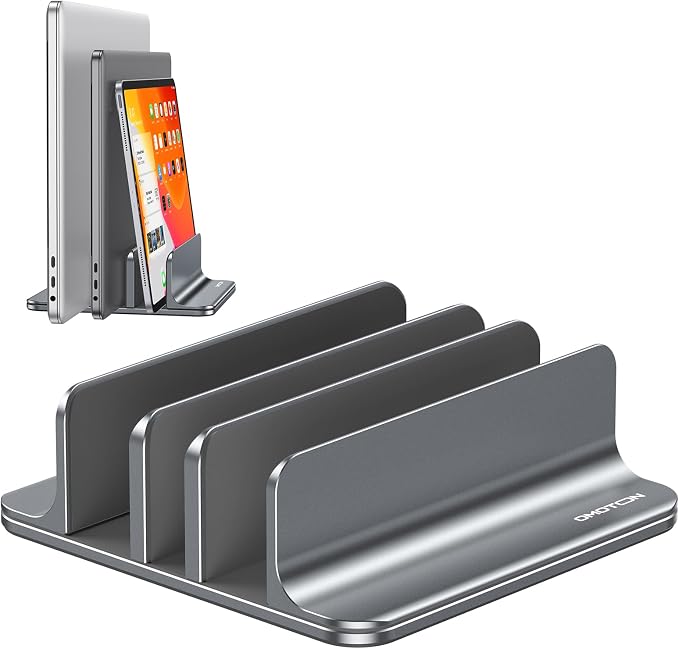OMOTON 3-Slot Multiple Vertical Laptop Stand, Fits All MacBook, Grey | Adjustable Width 0-1.38", Aluminum Office Space-Saving for Desk, Fits MacBook/Book/iPad Up to 17.3in by OMOTON
