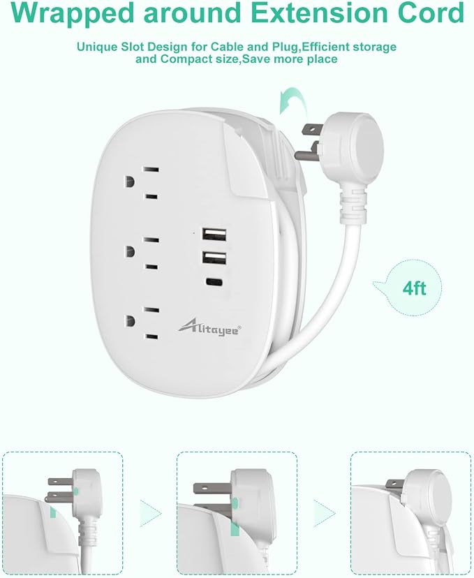 Alitayee USB C Travel Power Strip,3 Outlets 3 USB Ports,4ft Extension Cord | 3 USB Ports,Portable Power Strip,4ft Wrapped Around Extension Cord,Flat Plug,No Surge Protector,For Cruise Travel Home Office - Image 4