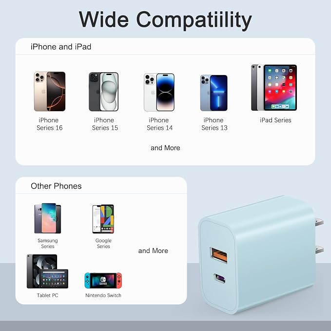 [4 Pack] USB C Charger Block Charging Block Type C Charger | 20W Wall Chargers for iPhone Air/17/17 Plus/17 Pro/17 Pro Max/16/16 Plus/16 Pro/16 Pro Max/15/15 Pro/15 Max/14/Samsung(Blue) - Image 4