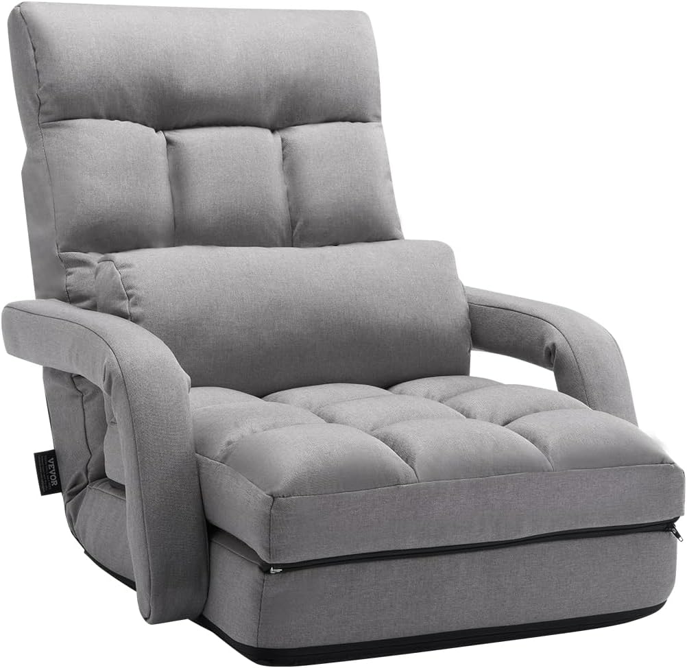 VEVOR Floor Chair, Floor Gaming Chair with 5 Adjustable Position and Back Support, Folding Sofa Chair with Armrest, Sofa Lounger Bed with Back Cushion for Living Room and Bedroom, Gray by VEVOR